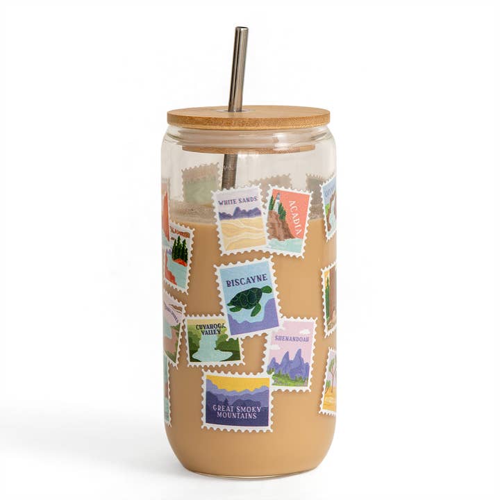 Pippi Post - Wholesale Drinking Glass/Cup - National Parks Postage Stamps Glass Can