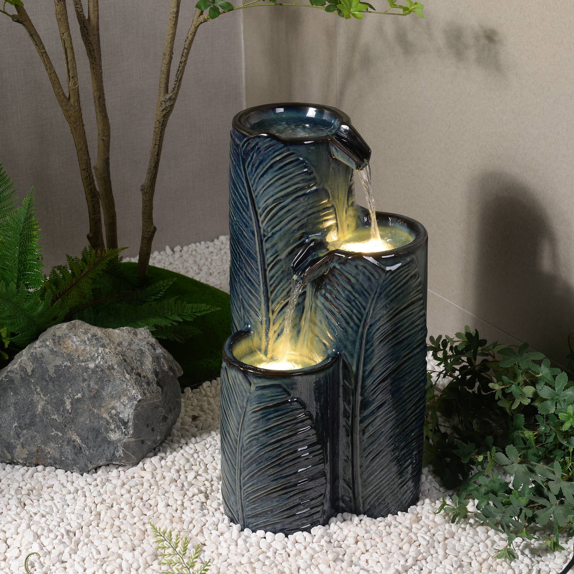 Hi-Line Gift Ltd. - Wholesale Outdoor Ornament/Decor - Ceramic Fountain with Lights - Blue Bliss0