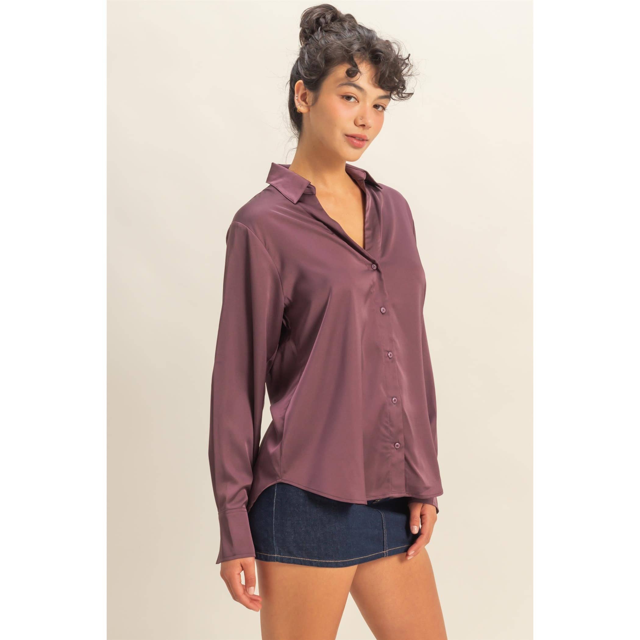 Double Zero - Wholesale Blouse - Women's - Button-Up Satin Shirt With Collared Neckline15