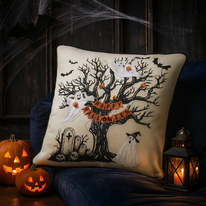 Happy Halloween Tree 18" Throw Pillow for wholesale by Fennco Styles