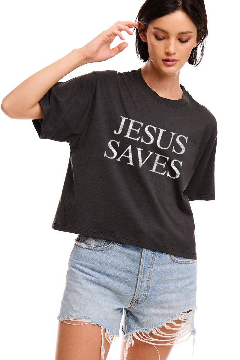 Zutter - Wholesale Screen Printed T-Shirt - Women's - Jesus Saves Graphic S/S Relaxed Faux Crop Tee0