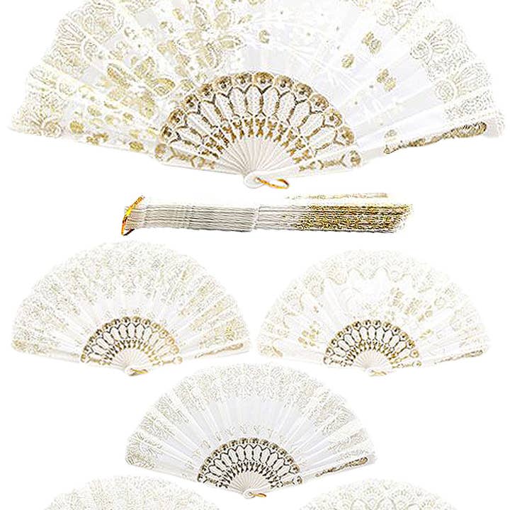 Cap Zone - Wholesale Handheld Folding Fan - Lux White Gold Glitter Floral Handheld Folding Fan