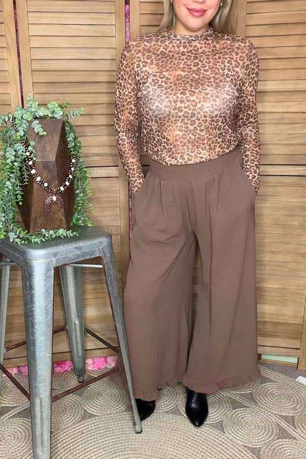 luluclothes - Wholesale Pants - Women's - Solid color tan ruffles wide leg women pant XCH167691