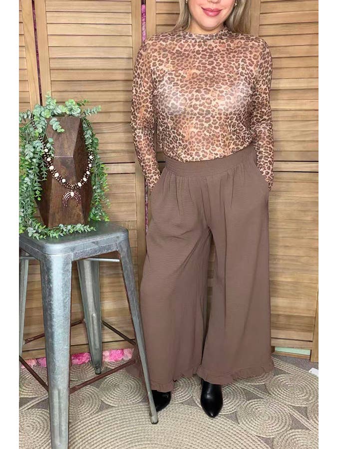 luluclothes - Wholesale Pants - Women's - Solid color tan ruffles wide leg women pant XCH167691