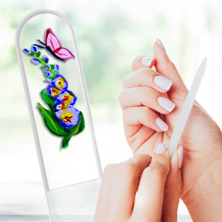 Butterfly Gladiola Flower Hand Painted Crystal Nail File for wholesale by Classy Nail Files