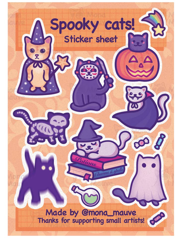 Süßes Halloween-Aufkleberblatt | 13 gruselige Katzenaufkleber für den Großhandel von Mona Mauve • Silly Art!