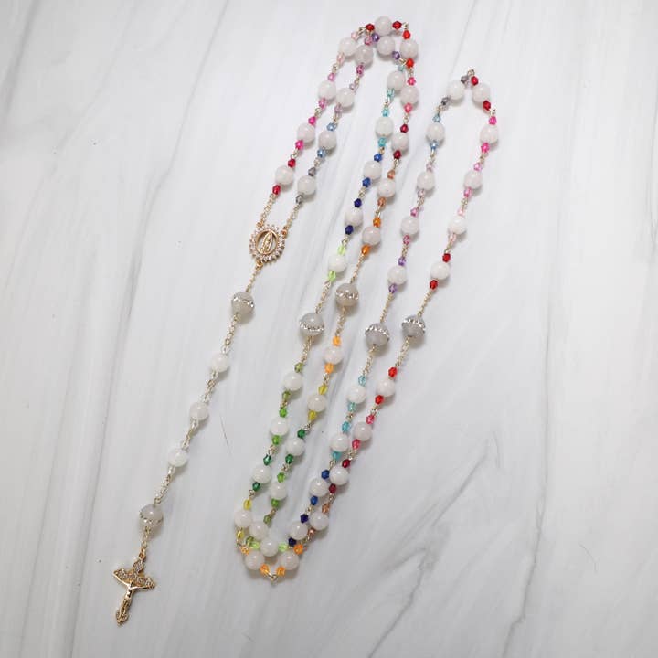 18K Gold Filled Rainbow Rosary: White Jade Catholic Beads for wholesale by Forever Rosary