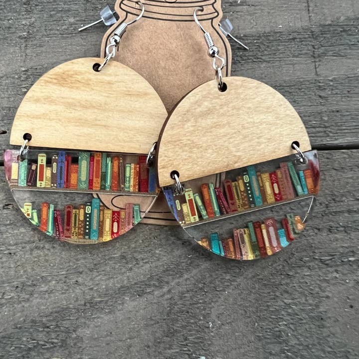 Jill's Jewels - Wholesale Dangle Earrings - Book Shelf Print Half Acrylic Half Wood Earrings