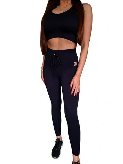 Leggings acanalados de talle alto negros para venta al por mayor de Peach Treats Gymwear