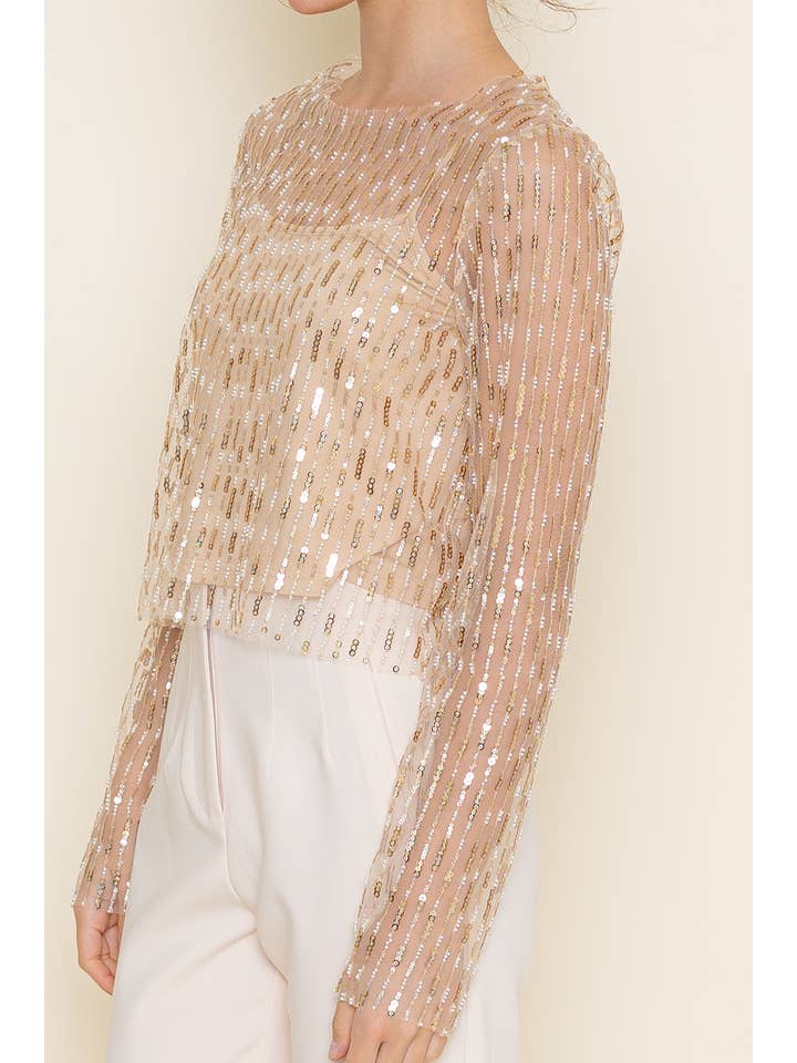 CHIC GOLD INTRICATE BEADED MESH LONG SLEEVE TOP-TI5688FO for wholesale on Faire