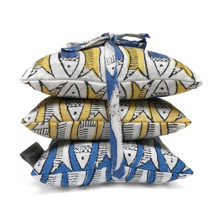 Stack of 3 Square Lavender Sachets - Blue and Mustard Fish for wholesale by Lime Tree Design - US