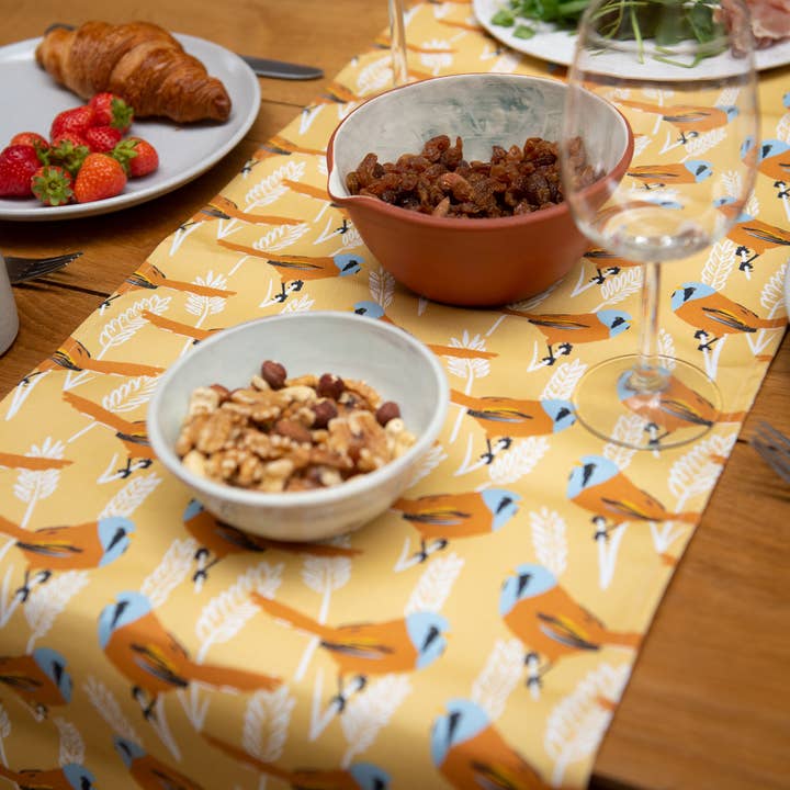 Bearded Tit Print Table Runner for wholesale by The Owlery