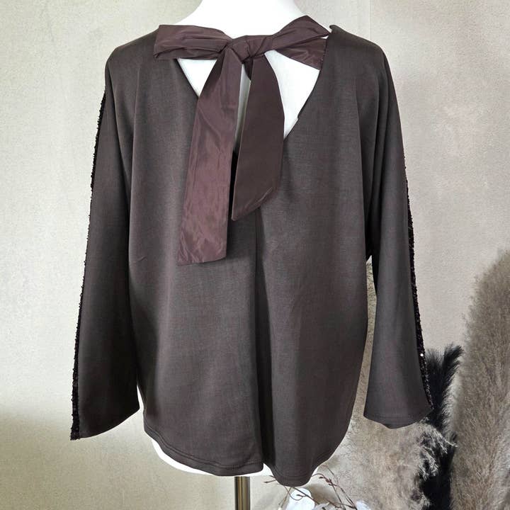 Tempest Designs - Wholesale Blouse - Women's - Soft scuba fabric dressy V-neck top with sequin detail on arms and bow on back (M)3