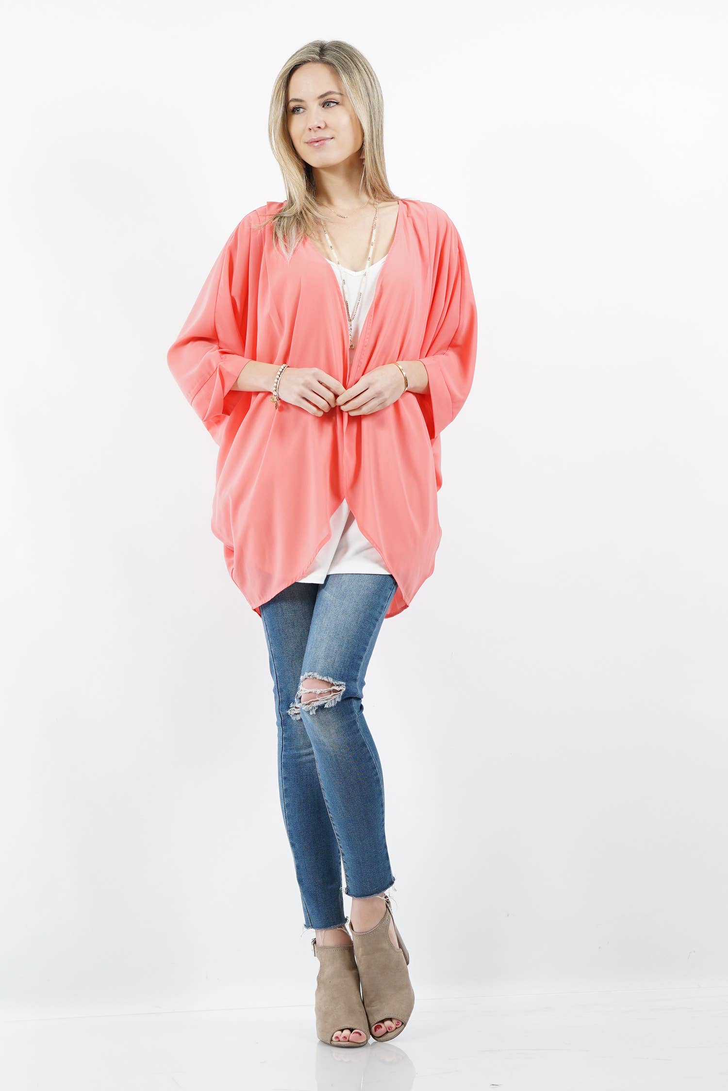 42POPS – wholesale Kimono – Women's – `.0802 Chiffon Shoulder pleated Kimono Cardigan SI-158360