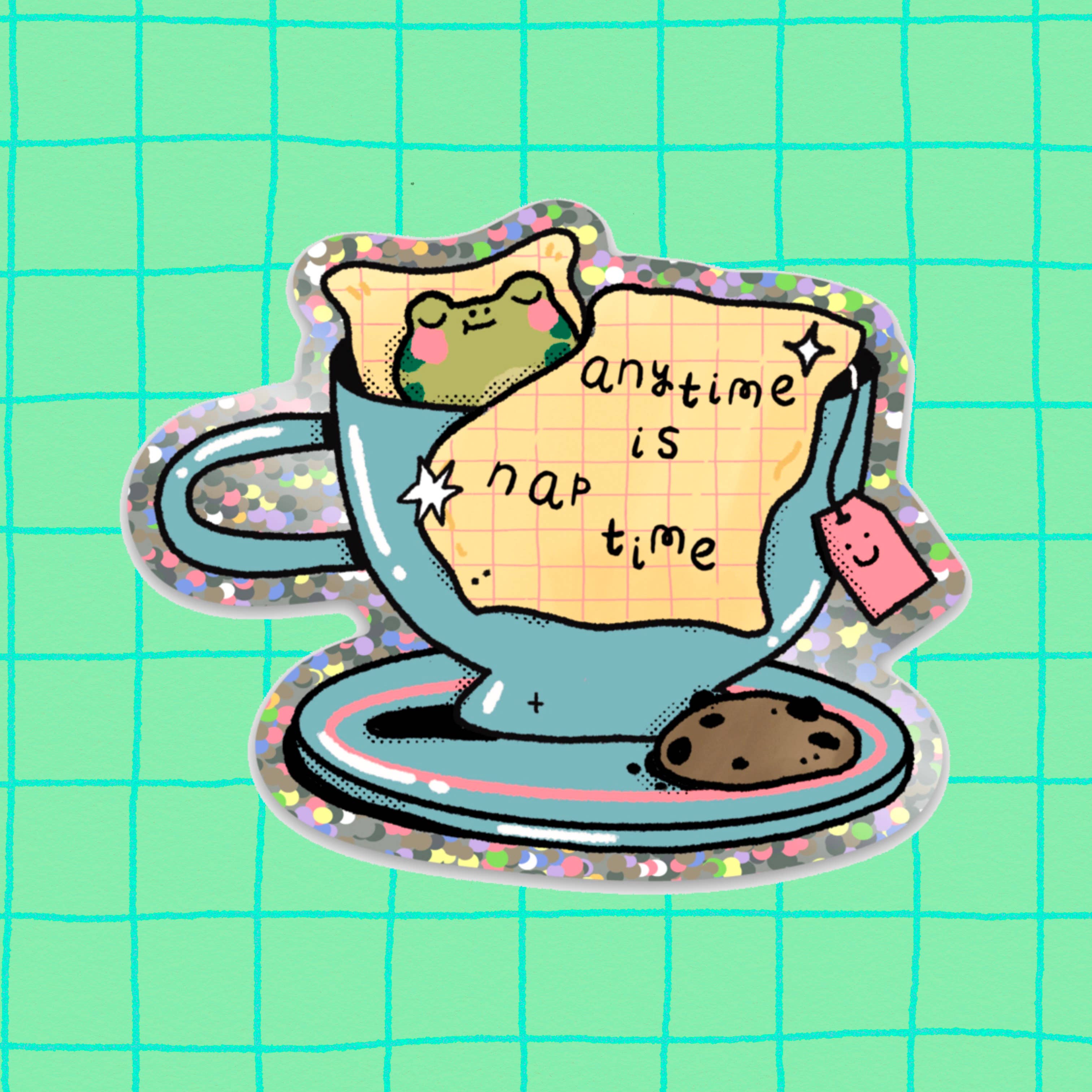 Bloemkolie - Wholesale Sticker - Nap time frog, glitter vinyl sticker / waterproof