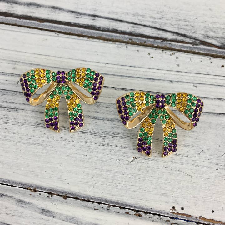 Mardi Gras rhinestone bow post earrings for wholesale by SongLily