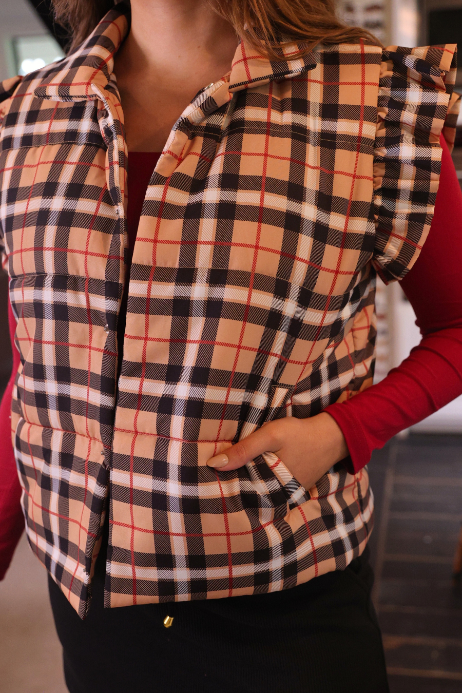 Brown Nora Plaid Puffer Vest for wholesale on Faire4