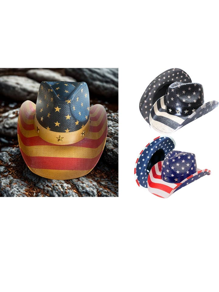 Vintage USA American Flag Western Cowboy Straw Hat for wholesale by Yumi Hats