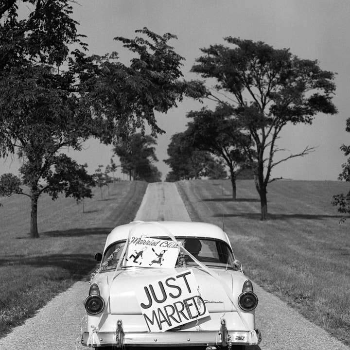 Just Married blank greetings card for wholesale by Inky Blue Ltd t/a Holy Mackerel