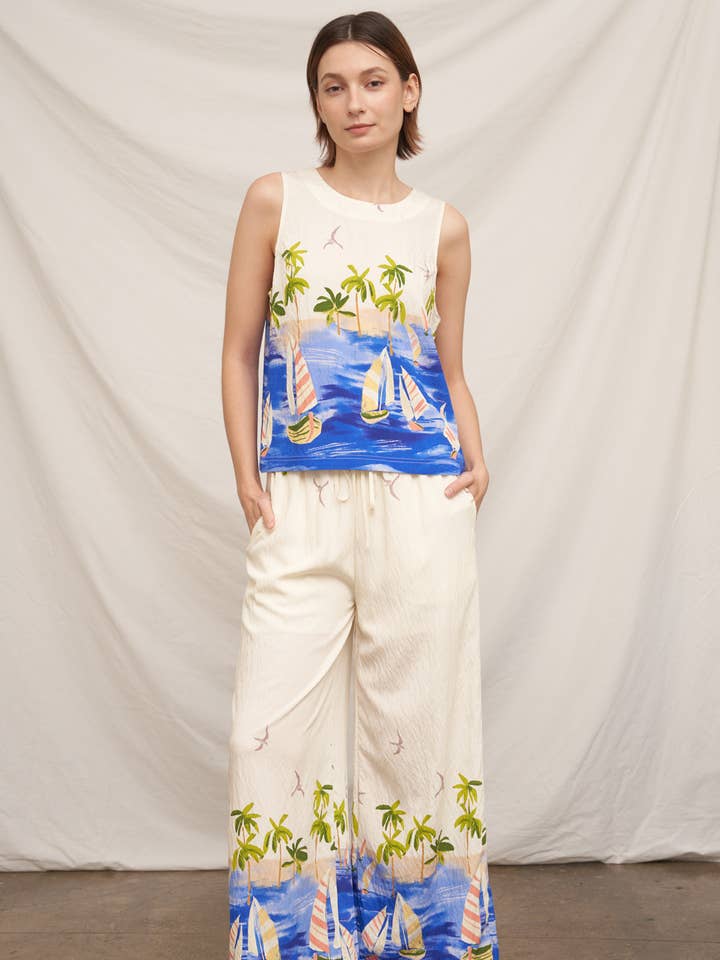 Pantalon large à imprimé côtier avec taille élastique extensible pour la vente par En Crème