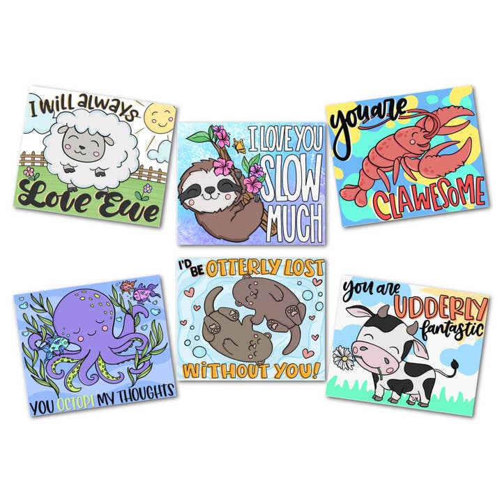 Lot de 6 cartes de vœux humoristiques dessinées à la main Pun Love pour la vente par Simply Crafty