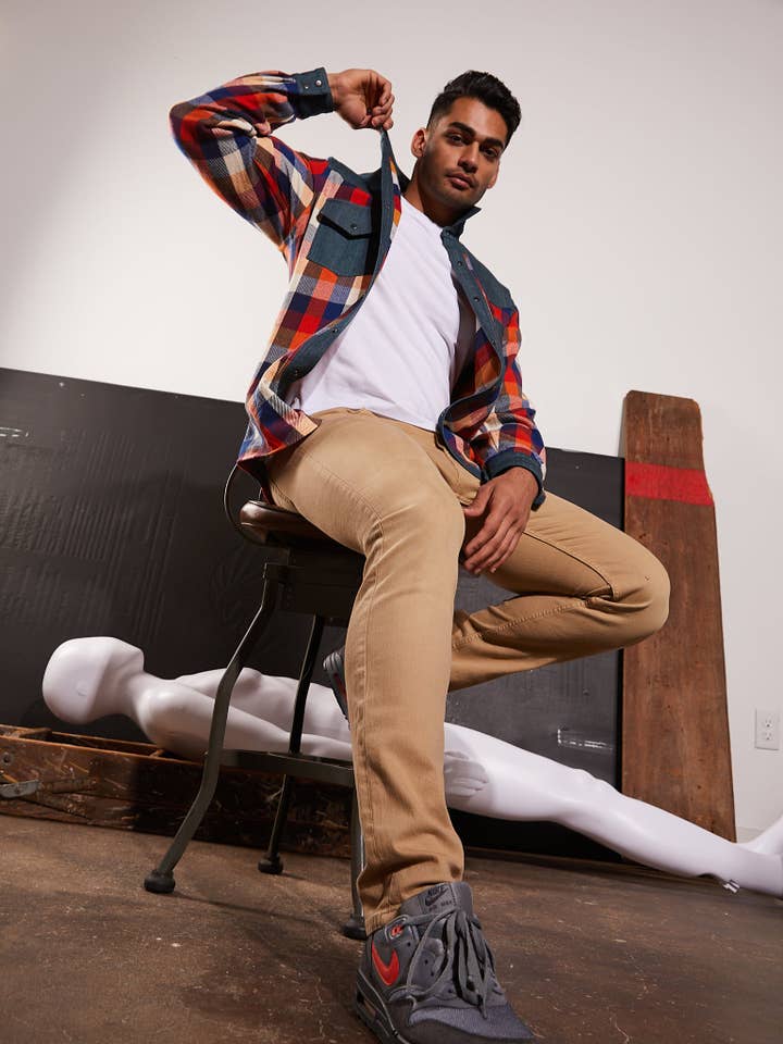 Amy Page DeBlasio - Wholesale Button Down Shirt - Men's - Western Shirt in Orange Checked Flannel and Denim