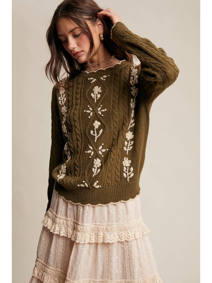 Listicle - Wholesale Pullover-trui - Dames - Gebreide Trui met Bloemenborduursel en Kabelpatroon15