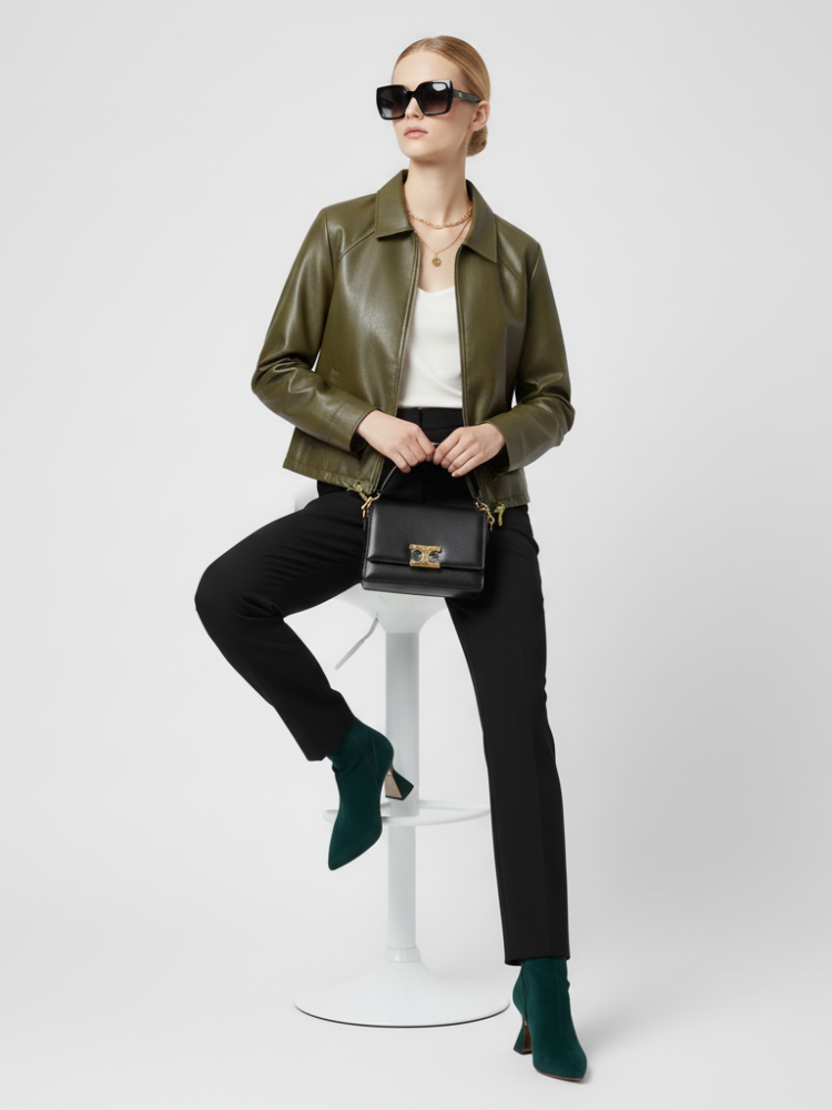 Green Women's Faux Leather Jacket WEST VILLAGE ECO FASHION BYMANYC ® New York for wholesale on Faire2