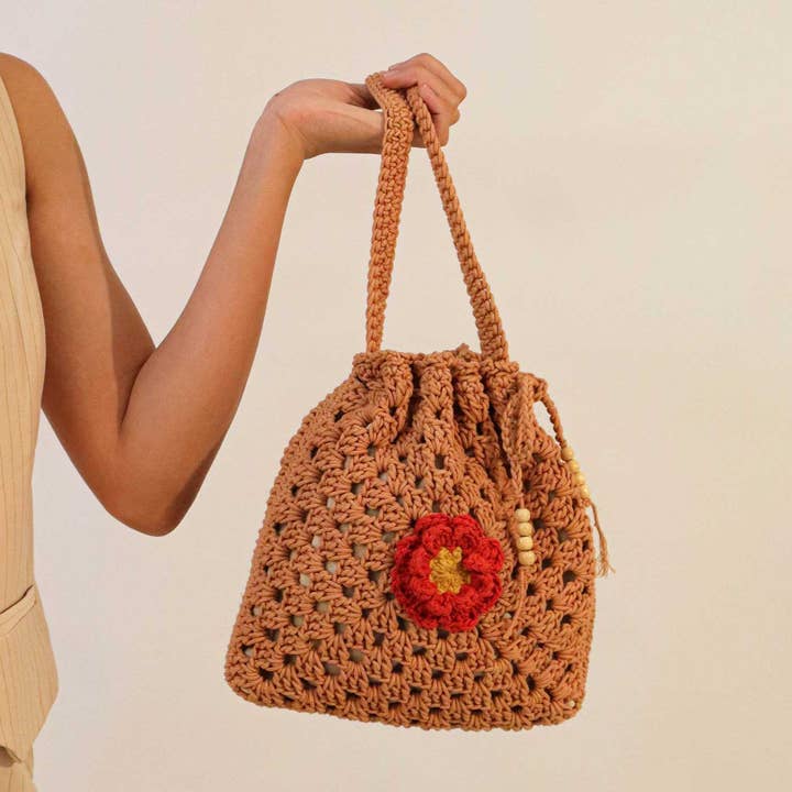 Handmade Crochet Brown Floral Potli for wholesale by Zwende