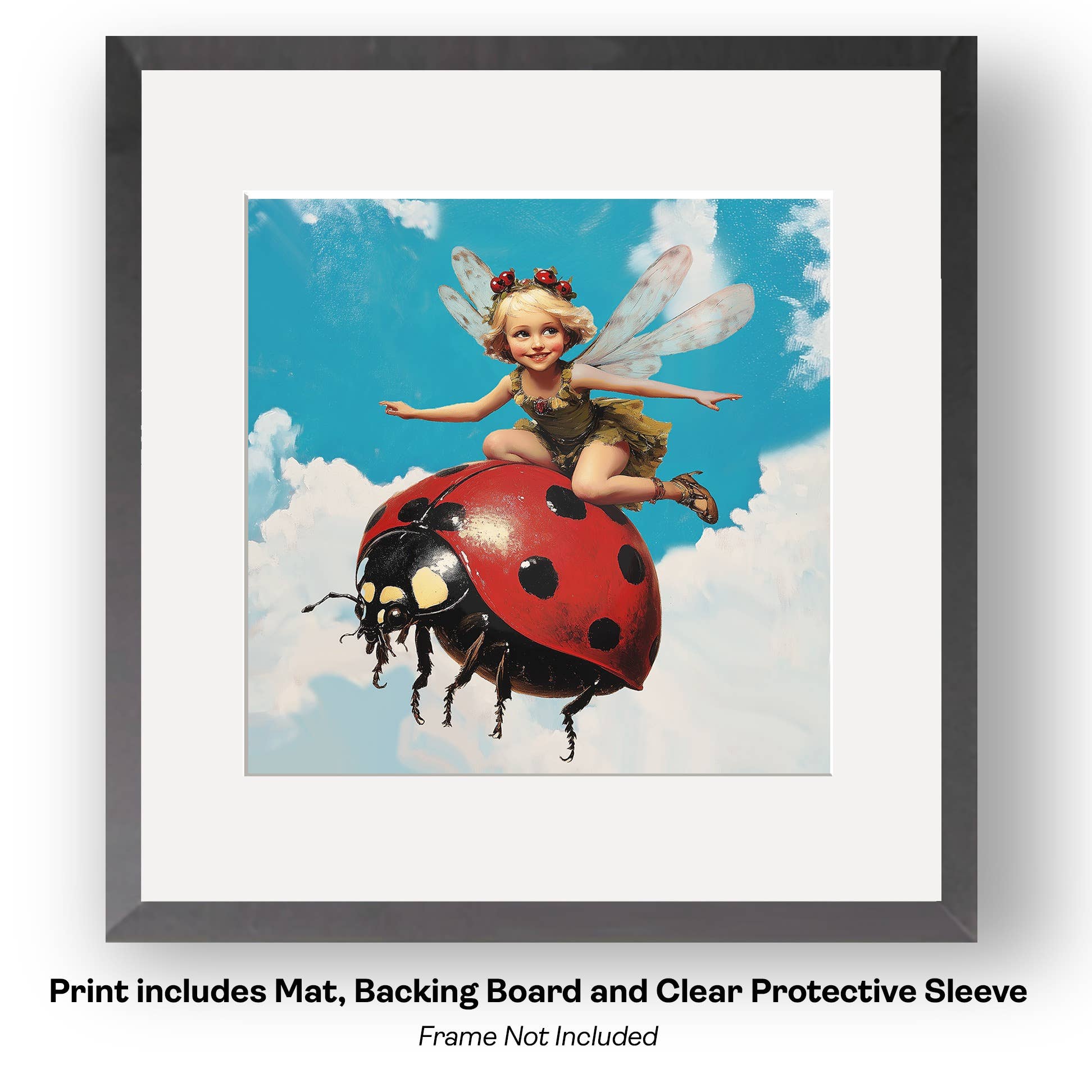 Mowbi – wholesale Art print – Fairy Riding a Hummingbird -  Fairy Art Prints – 8″x8″ Artwork in 12″x12″ Mat8