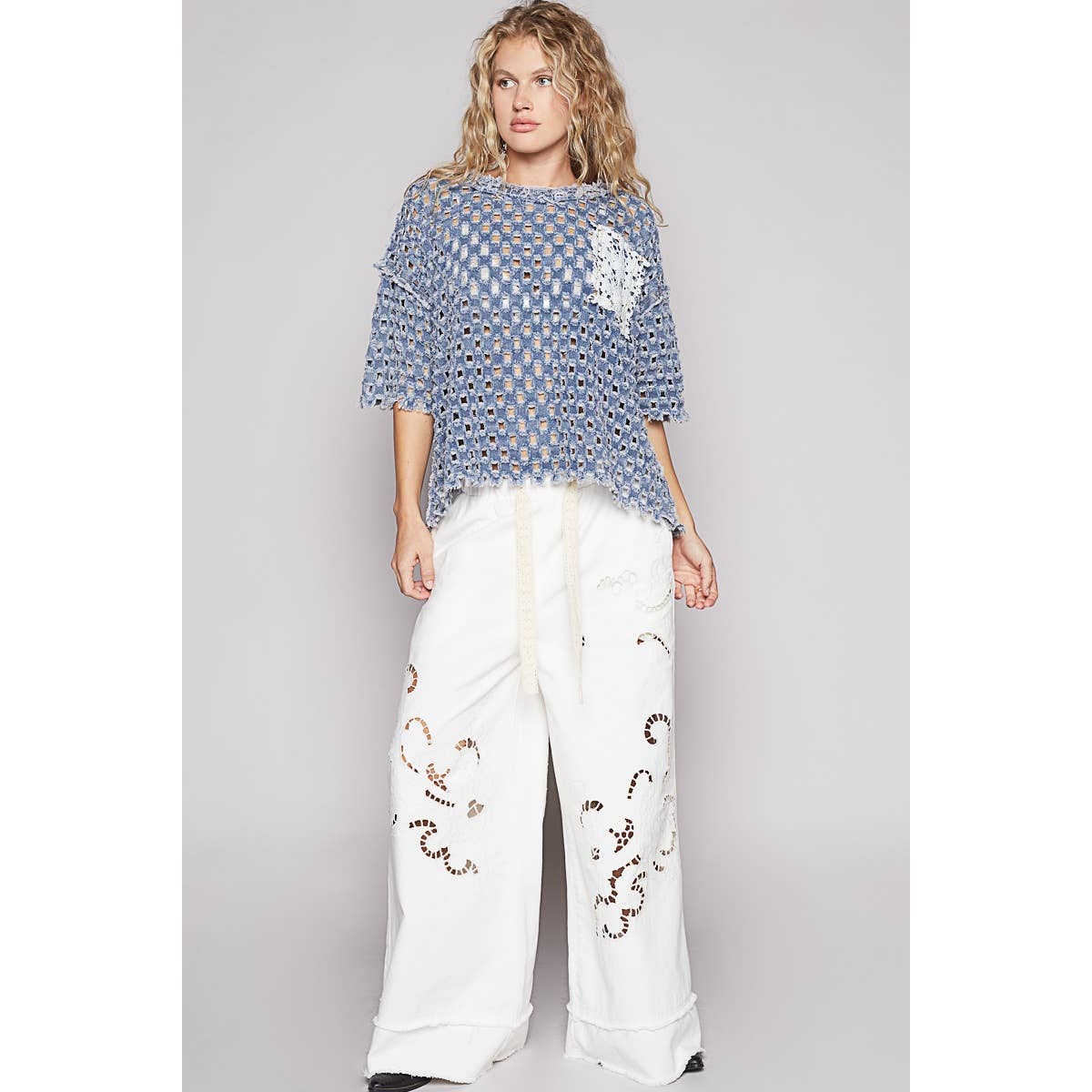 Pol Clothing - Wholesale Knit Top - Women's - Round neck short sleeve open knitted woven top5