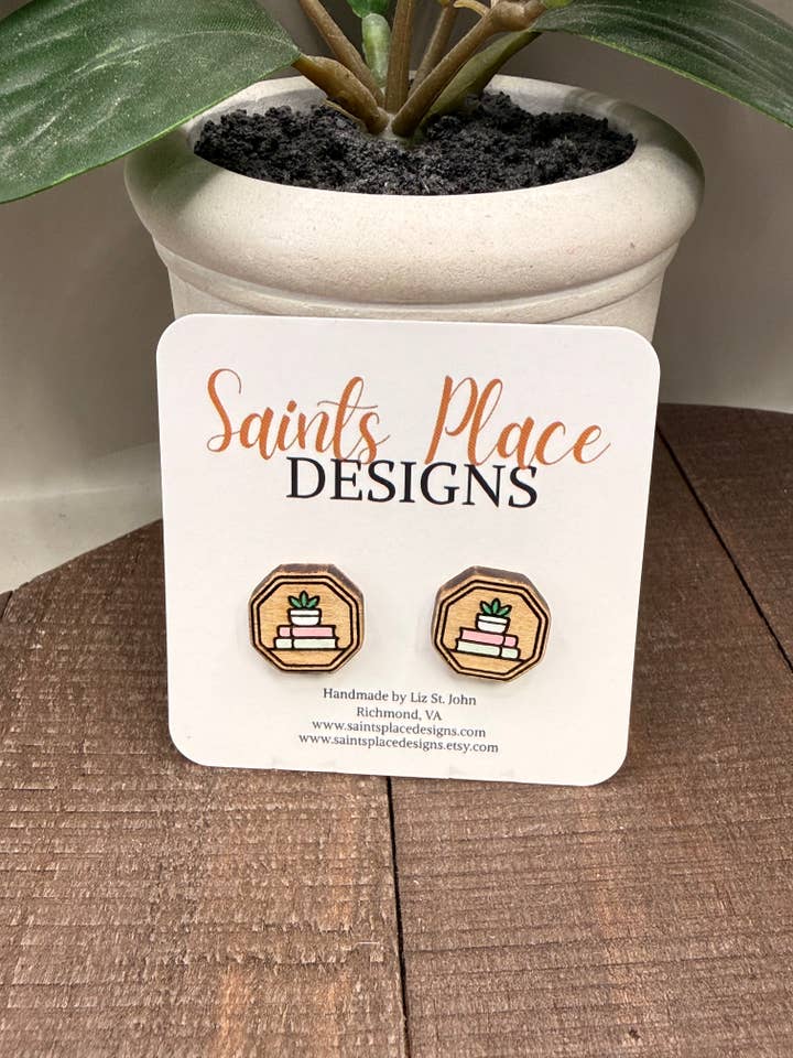 Wooden Book Lover Stud Earrings, Teacher Gift, Plant & Book Stack for wholesale by Saints Place Designs