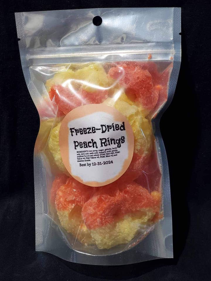 Freeze Dried candy Peach Rings and others for wholesale by Freeze Dried Pickle Favorites and more