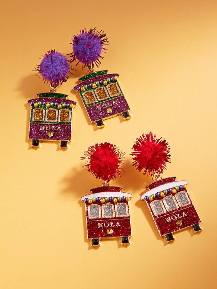 Trolley Mardi Gras Pompom Enamel Post Earrings for wholesale by Designature New York