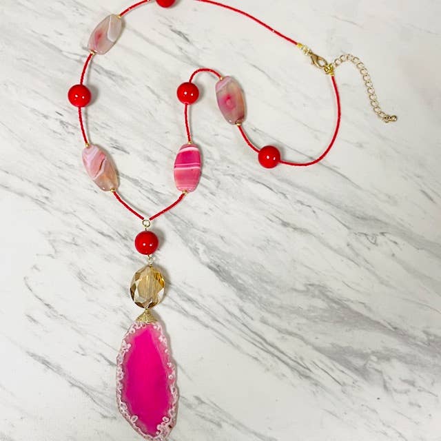 Stone Y Drop Necklace with Agate and Crystal Drop for wholesale by Anita K By Blushing Pink