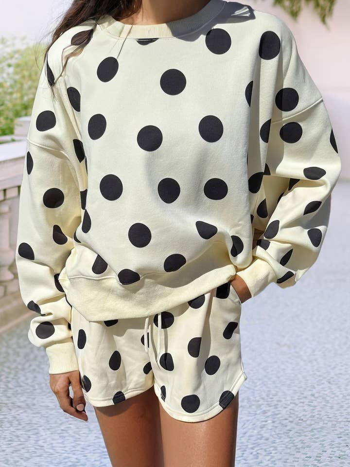 LDC Polka Dot Drop Shoulder Pullover Drawstring Short Set for wholesale by Little Daisy Closet