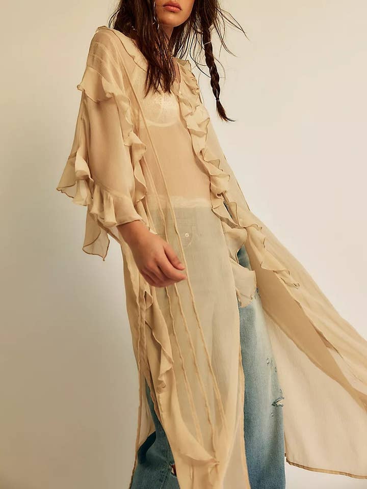 Rosa Clothing - Wholesale Jacket - Women's - Boho lightweight sheer ruffle maxi top duster kimono jacket17