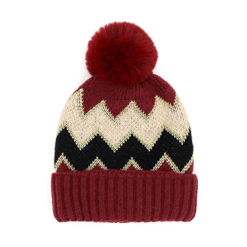 Sensibling Corp. - Wholesale Beanie - Women's - Zigzag Chevron Patterned Fuzzy Fleece Pom Pom Beanie Hat3