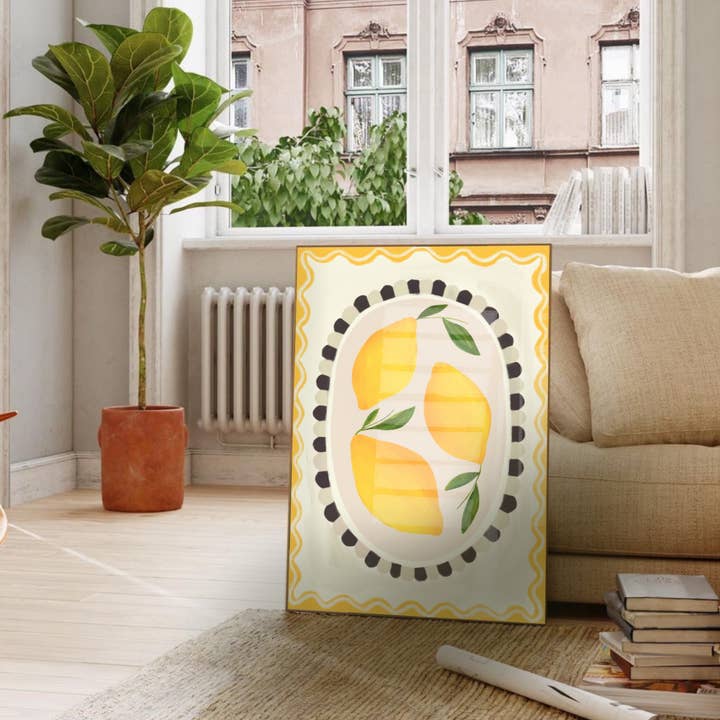 Citron avec bordure, impression d'art, art culinaire, art coloré pour la vente par Kate Fox Design