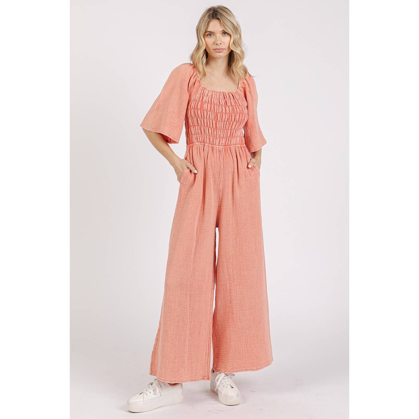 mittoshop - Wholesale Jumpsuit - Women's - MINERAL WASH GAUZE RUCHED WIDE LEG JUMPSUIT3