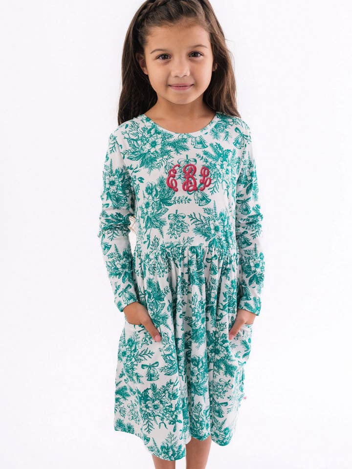 Grön Flickors Grön Jingle Toile the Way Stickad Långärmad Snurrklänning för wholesale på Faire3