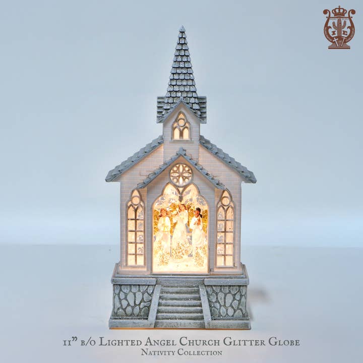 11" B/O Lighted Angel Church Glitter Globe - Nativity Decor for wholesale by IEGIFT