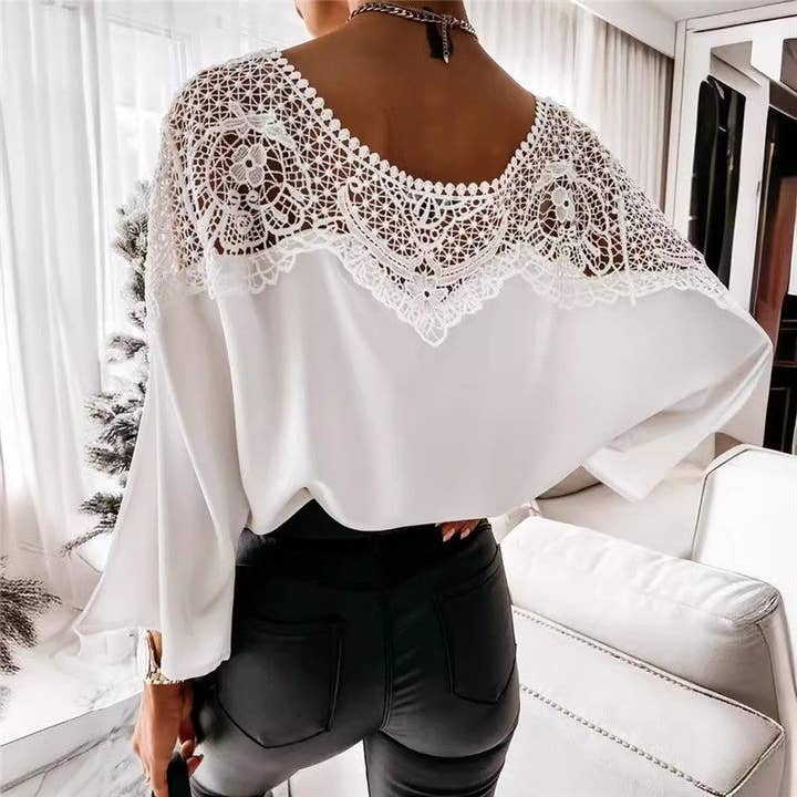 Sheer Trend - Wholesale Blouse - Women's - Round Neck Long Sleeve Lace Trim Shirt3