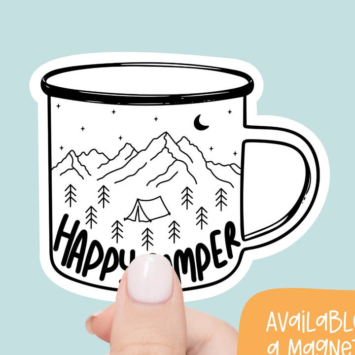 Happy Camper Waterproof Sticker or Magnet for wholesale by The Holler Hippie