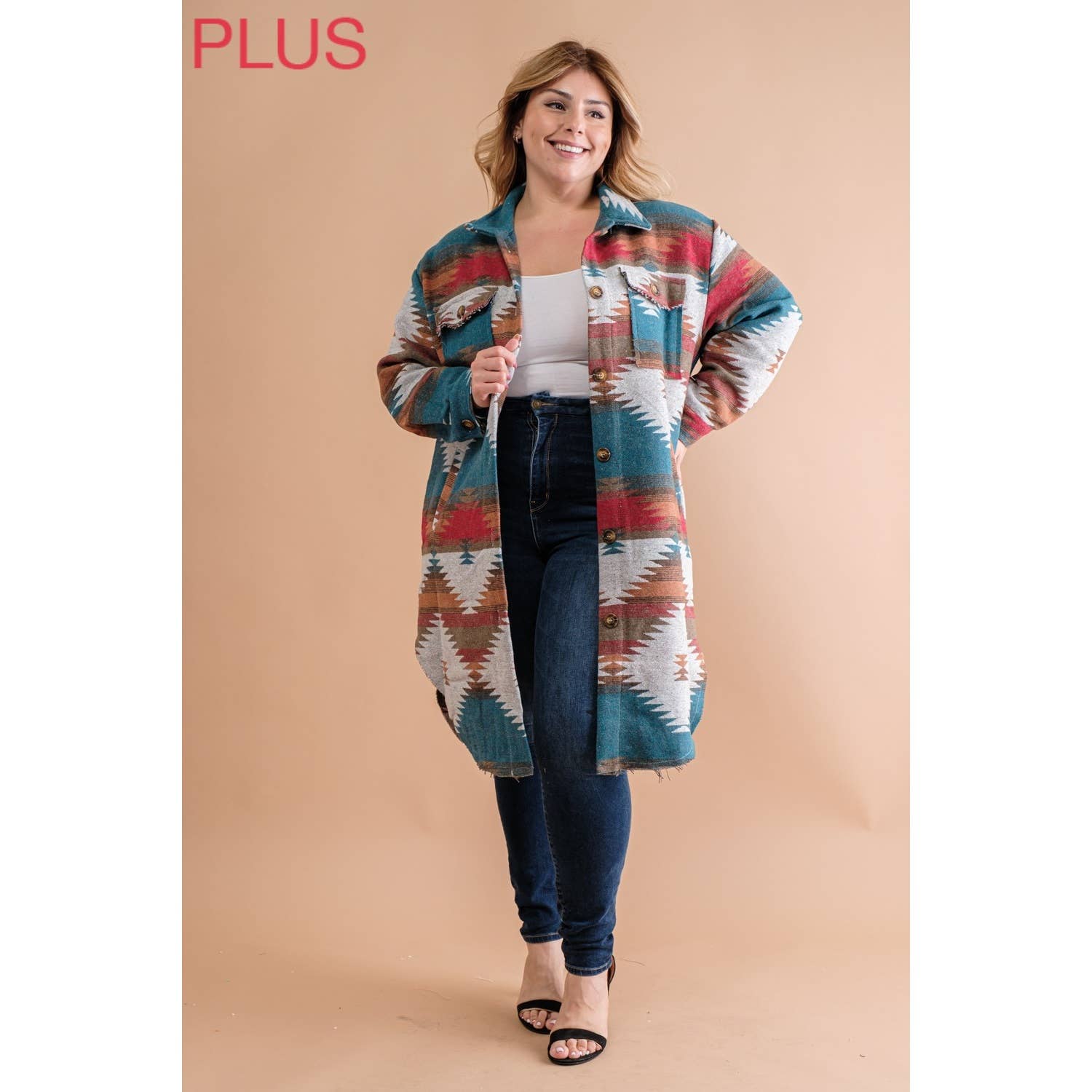 Sweet Generis - Wholesale Shirt Jacket/Shacket - Women's - PLUS LONG TRIBAL AZTEC BUTTON DOWN SHIRT JACKET SHACKET6