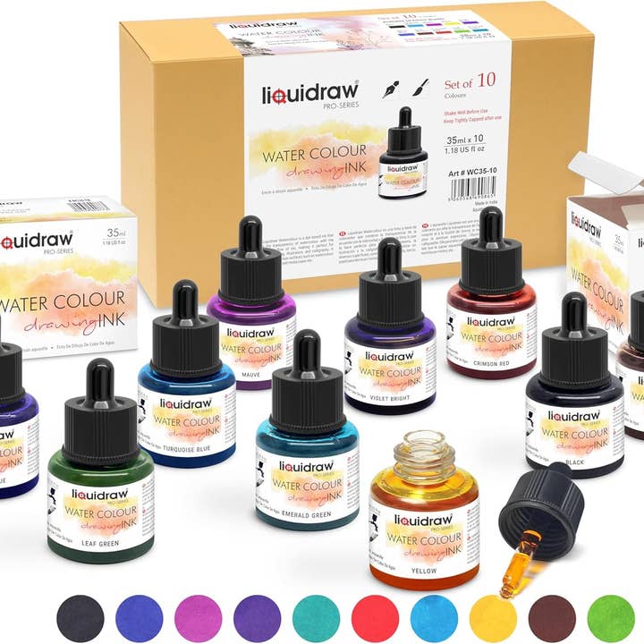 Liquidraw – wholesale Ink pad – Liquidraw Watercolour Drawing Ink Set of 10 Assorted Colours | 35ml Bottles with Ink Dropper | Water Colour Inks for Art2