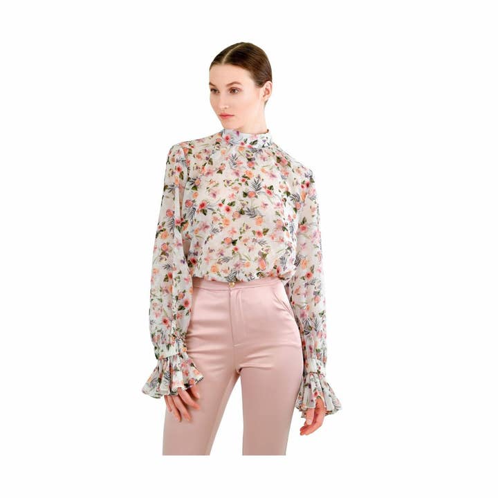 Floral print ruffle cuff Porto blouse for wholesale by HottieandLord