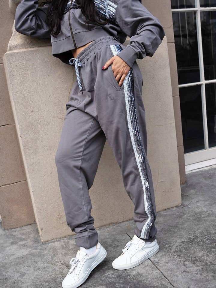 Cinder Sequin Side Stripe Joggers for wholesale by Magic Collective