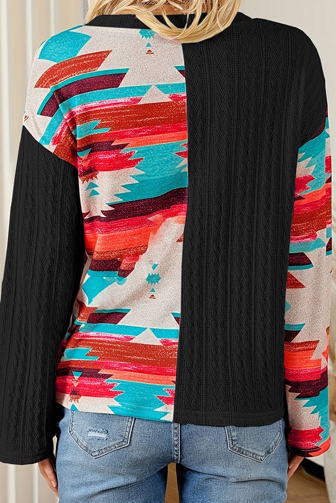 UNISHE – wholesale Knit top – Women's – Aztec Splicing Long Sleeves V Neck Western Knitting Top ZK10835