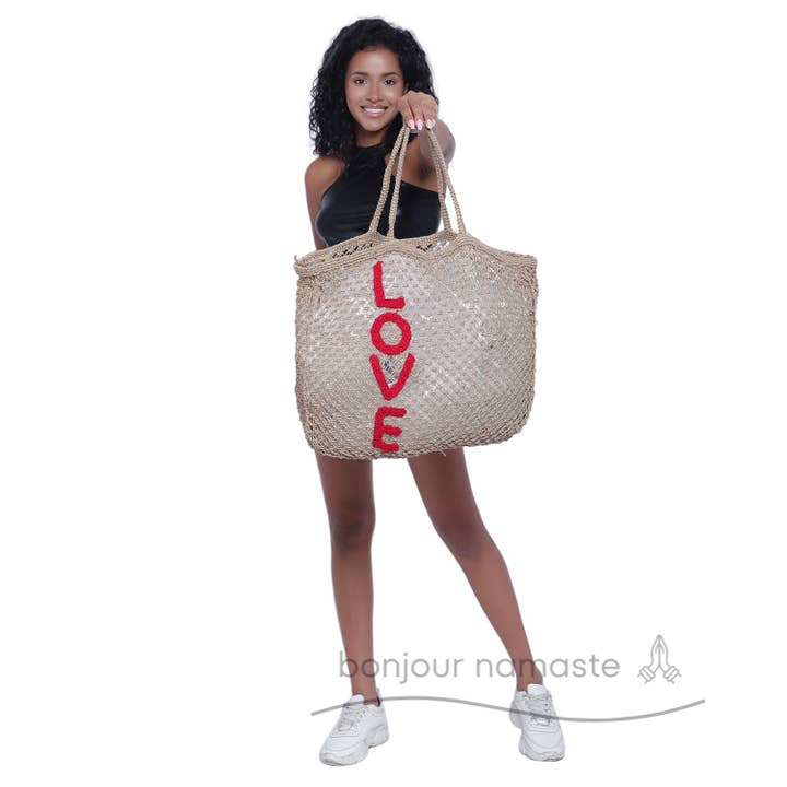 Handcrafted Natural Jute Tote with LOVE Embroidery for wholesale by Bonjour Namaste